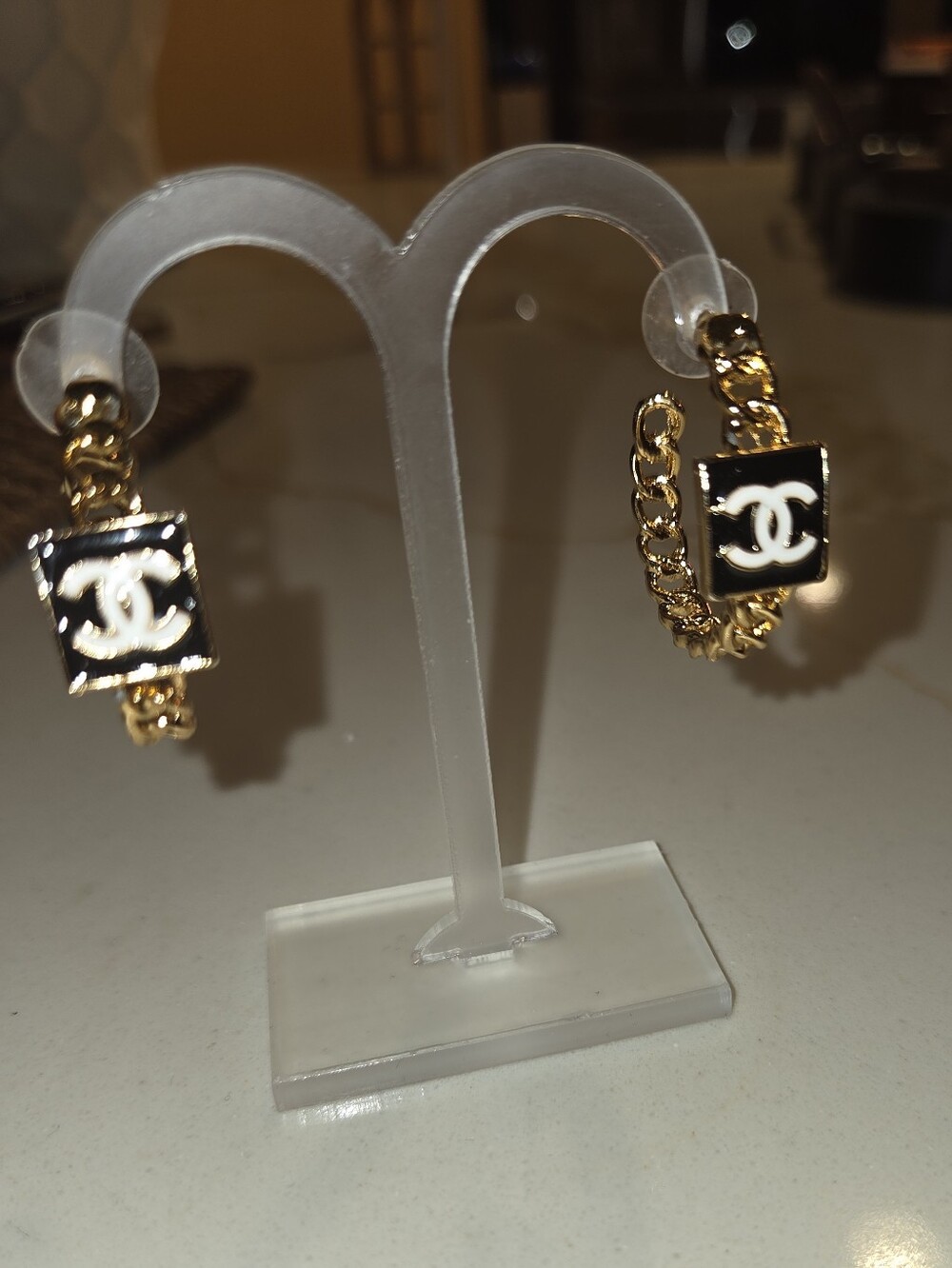 Gold and Black Chain Hoop Earrings with Logo Accent